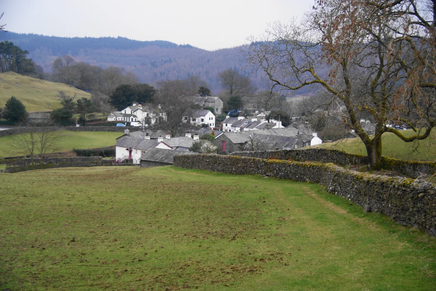The village of Near Sawrey seen from the fields above