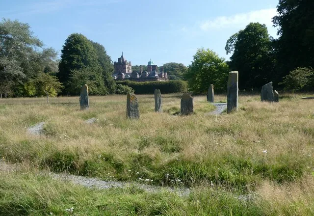 Standing stones of the labyrinth, with the house beyond
