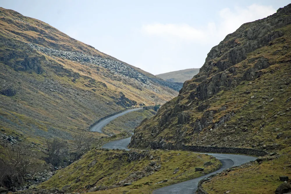 The road over Honister Pass winding down into Borrowdale