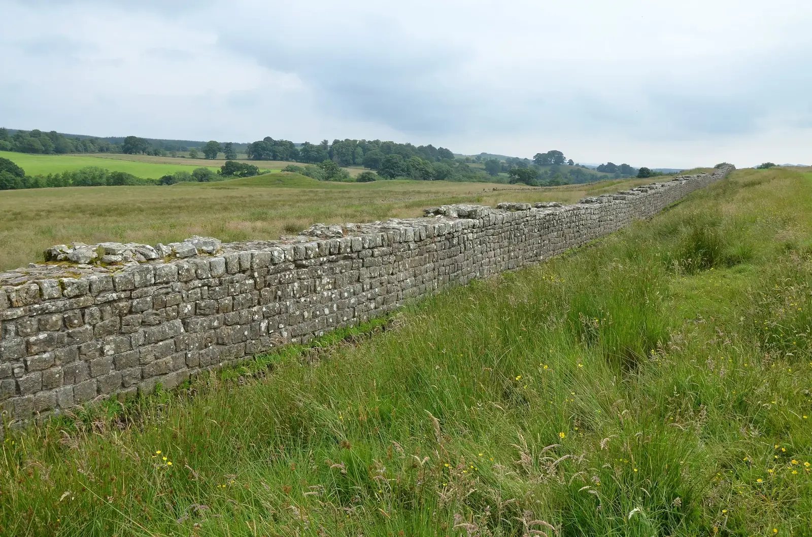 Hadrian's Wall running east from Birdoswald across green pasture under a wide sky — the quiet western Wall near Farlam Hall