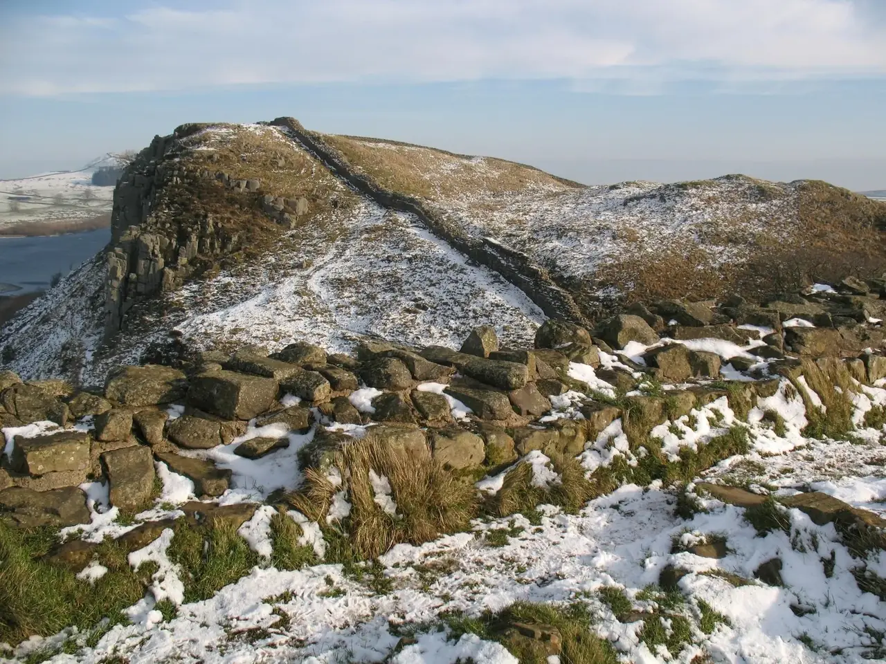 Snow on Hadrian's Wall and the crags in winter