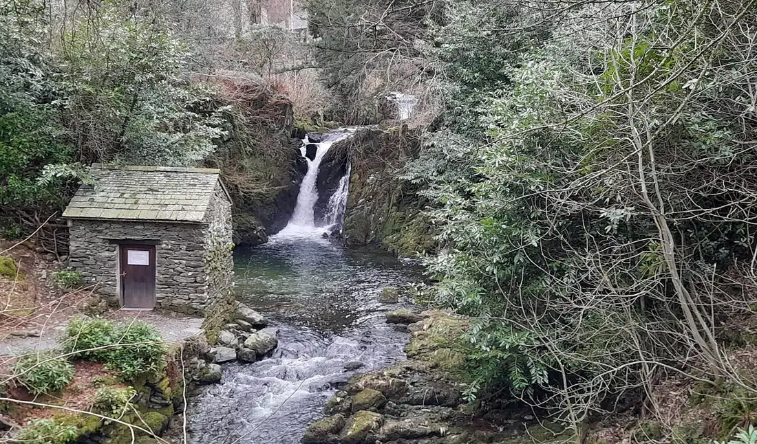 The Grot at Rydal Hall, framing the waterfall