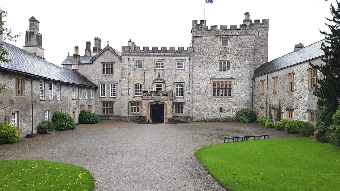 The entrance courtyard at Sizergh, with the tower behind