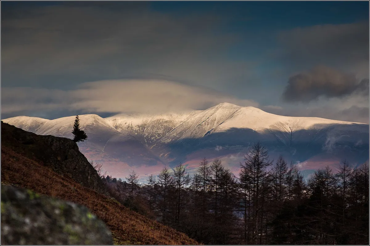Snow-capped Skiddaw seen from Borrowdale in winter